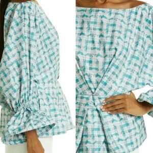 Kimberly Goldson Women Blouse Large Sola Plaid‎ Bell Sleeve Top Off the Shoulder
